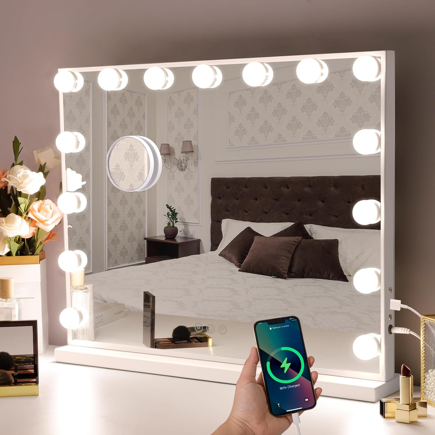 Hansong Vanity Mirror with Lights, 22'x18' Hollywood Mirror, Makeup Mirror with 15 Dimmable Bulbs, 10X Magnification and USB Charging Port, White